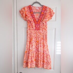 Poupette St. Barth Camila Smocked Mini Dress in Orange 70s Garden Size Small